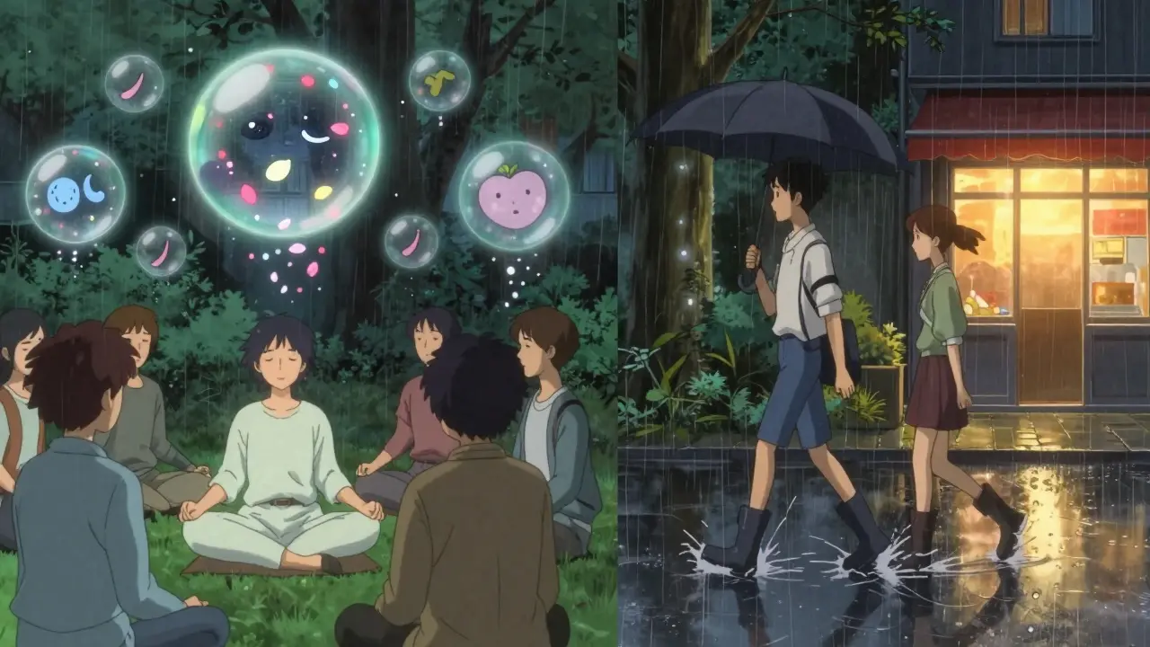 A person meditates in a group while another walks in the rain with a friend, showing mindfulness and social connection as anchors.