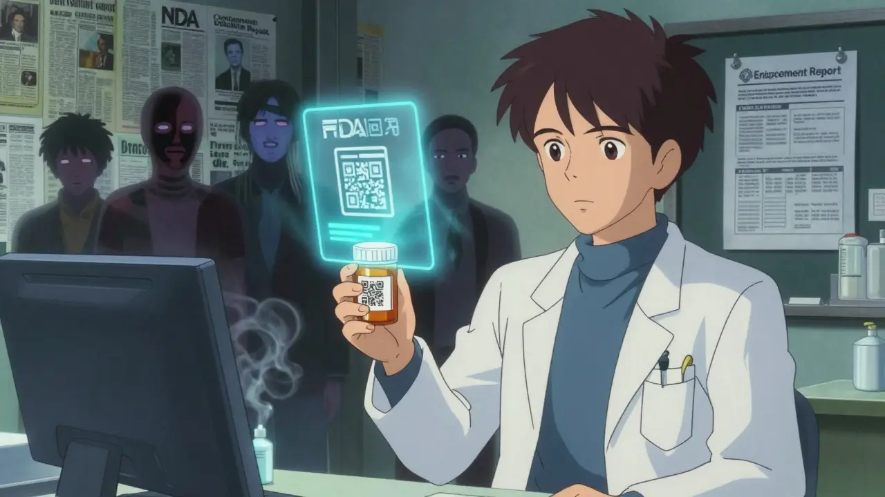 A pharmacist scans a prescription bottle, projecting a holographic FDA verification screen while fake alerts dissolve into smoke.