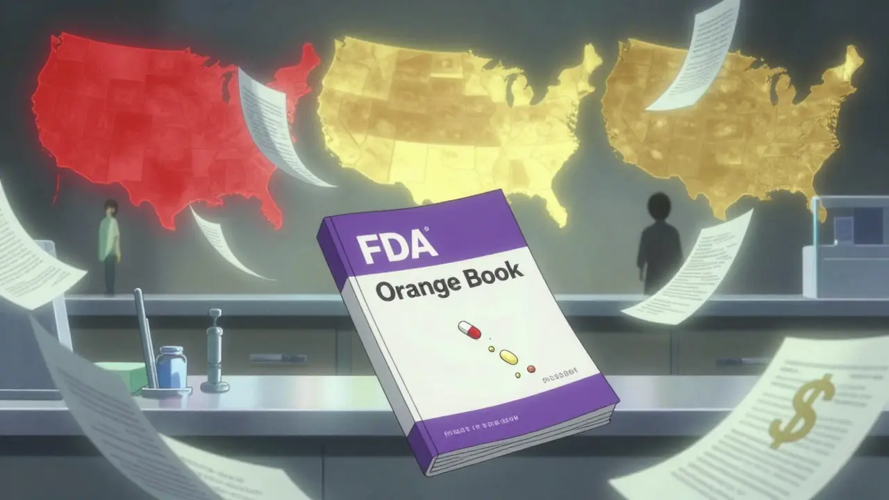 A pharmacist surrounded by floating FDA drug guides and state maps glowing with substitution rules.