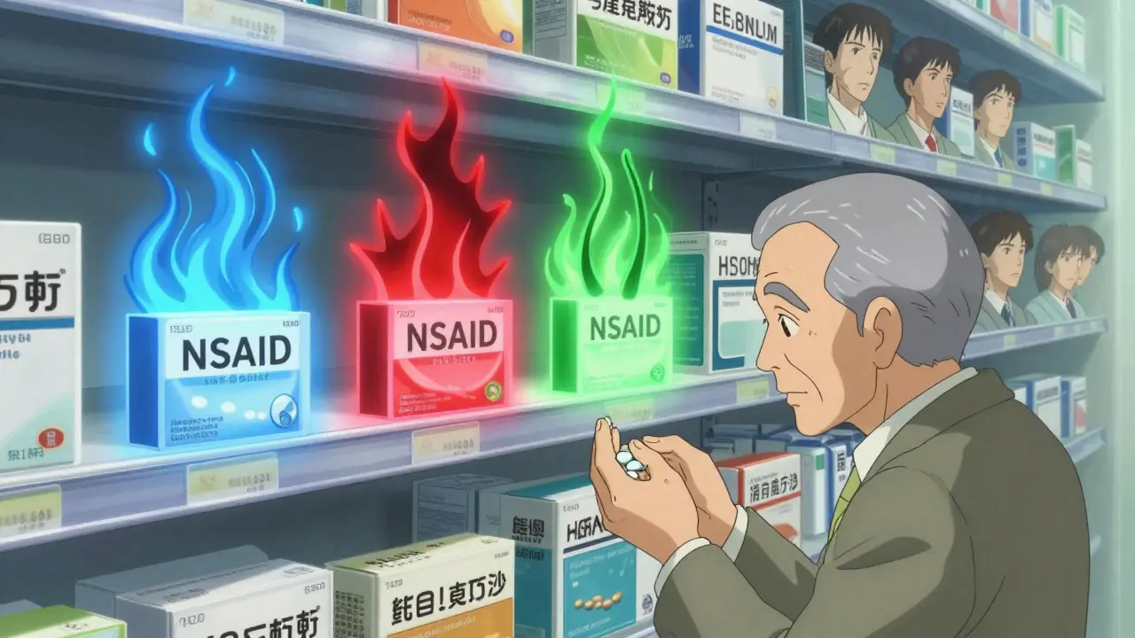A pharmacy shelf emits auras representing different drug side effects and benefits, with an elderly man seeing his multiple affected selves in the reflection.