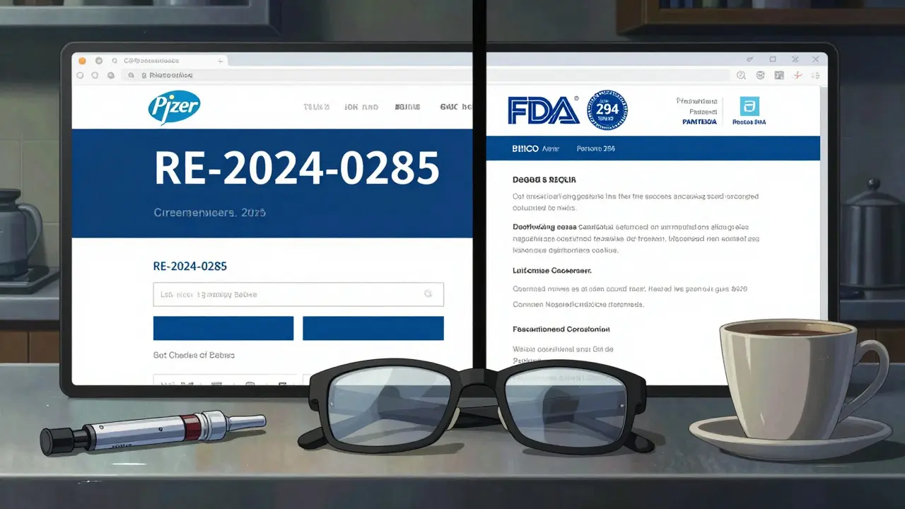 A phishing website and real FDA recall page side by side, reflected in glasses next to an insulin pen on a kitchen counter.