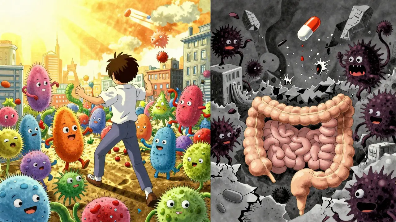 A split-panel gut ecosystem: vibrant healthy bacteria on one side, dark C. diff monsters destroying the landscape as an antibiotic pill falls from above.