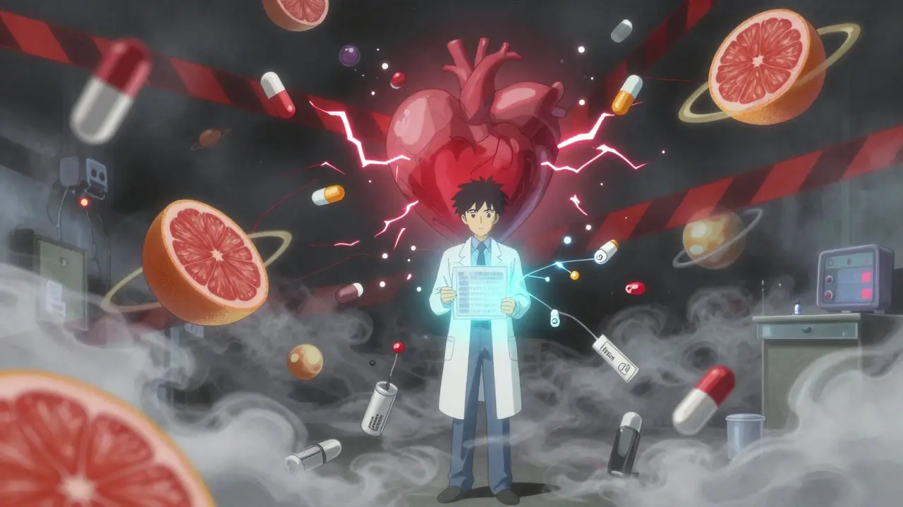 A surreal inner mindscape where pills and supplements orbit dangerously around a heart, with a pharmacist calming the chaos.