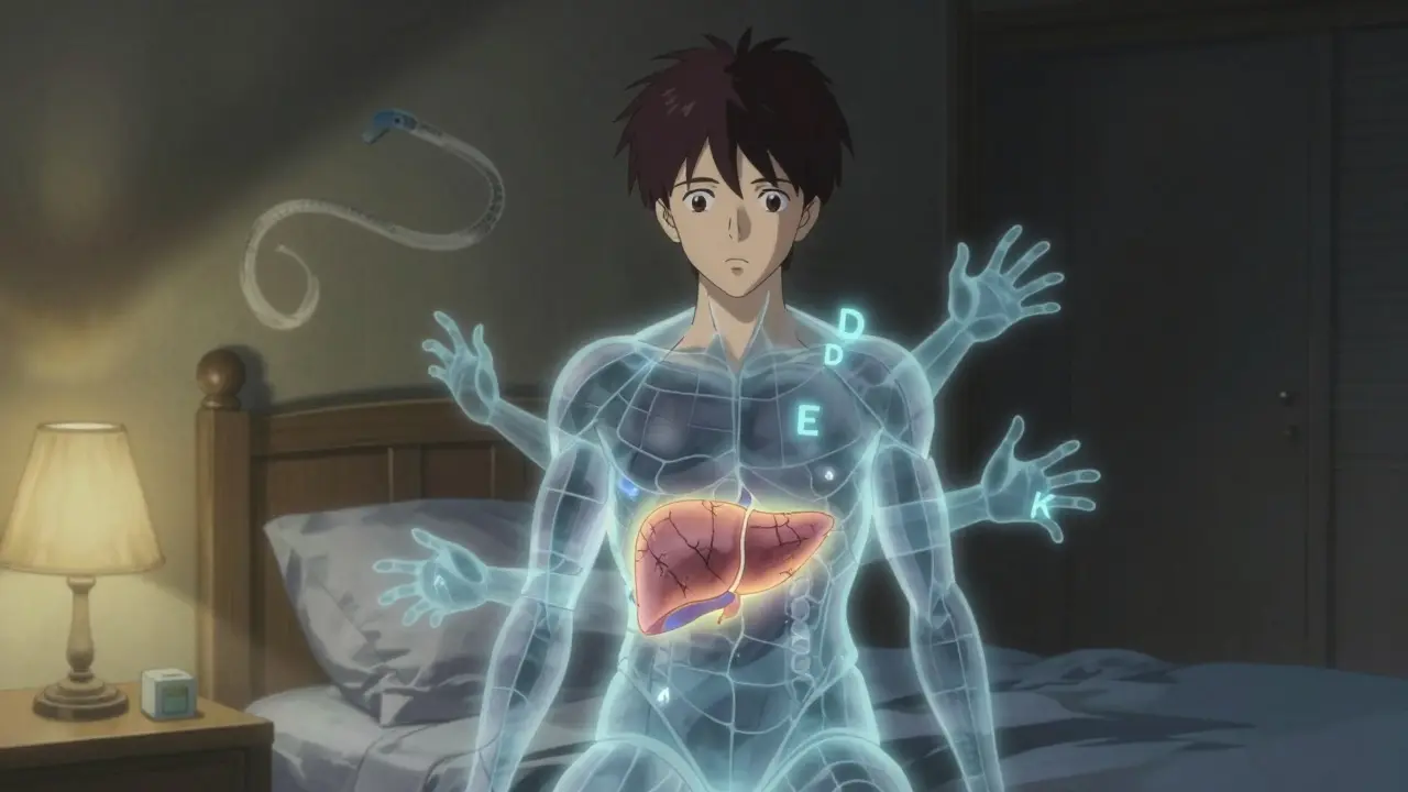 A translucent man in a dim room, his liver visibly scarred, with ghostly vitamin symbols fading from his skin under a single lamp.