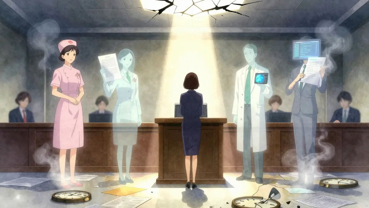 A woman stands alone in a courtroom as ghostly figures of past whistleblowers float behind her, sunlight breaks through cracked ceiling.