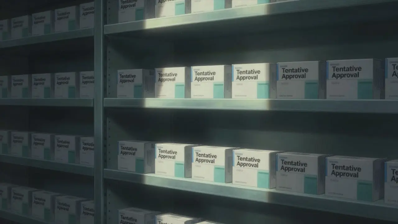 An empty pharmacy shelf holds one approved generic amid countless unlaunched ones in darkness.