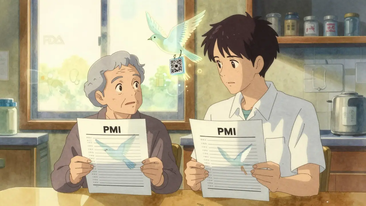 Caregiver and elderly person watching paper birds made of medication guides fly upward.