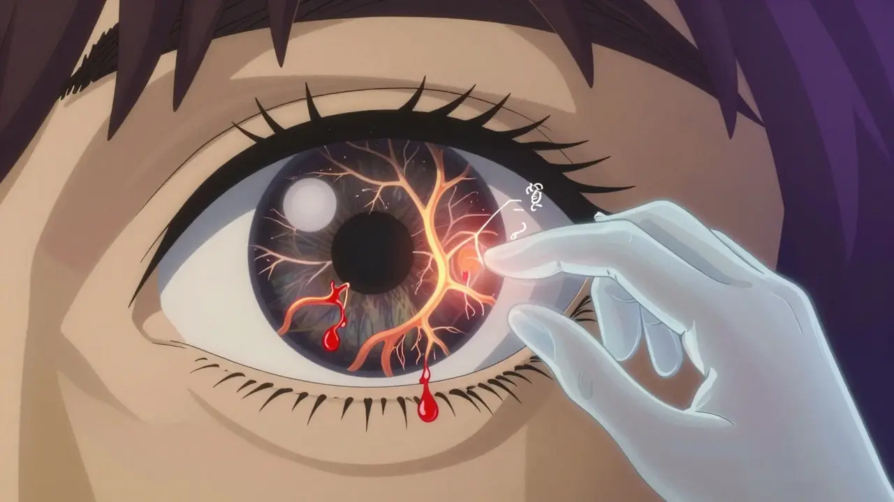 Close-up of an eye with retinal blood vessels transforming into glowing, damaged tendrils under AI analysis.