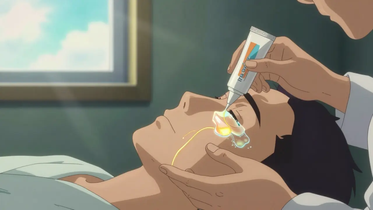 Dermatologist applying triple-action cream to face, glowing melanin dissolving in translucent layers.