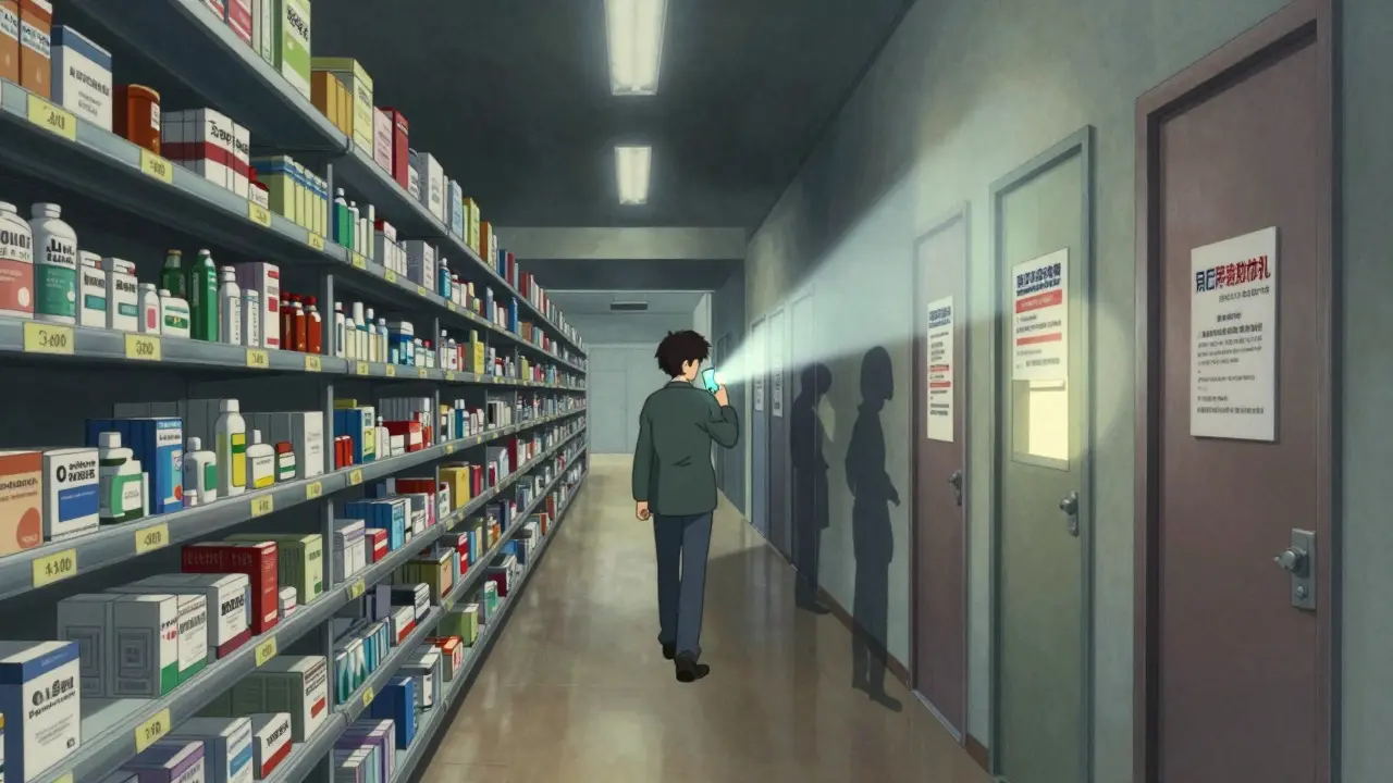 Endless pharmacy aisle with shifting prices, person walking toward hidden assistance doors with a smartphone flashlight.