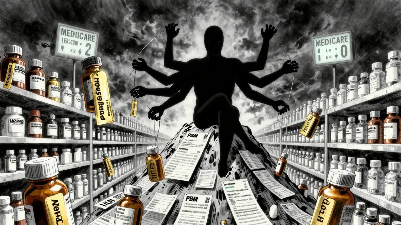 Faceless PBM controlling drug prices with rebate strings, brand drugs rising above generics.