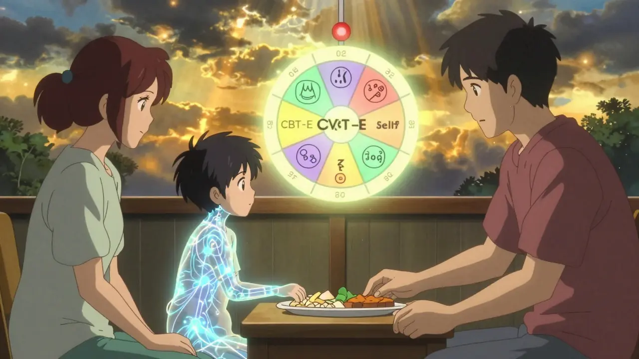 Family therapy scene with translucent teen and glowing neural pathways, a CBT-E therapy wheel above, warm light breaking through darkness.