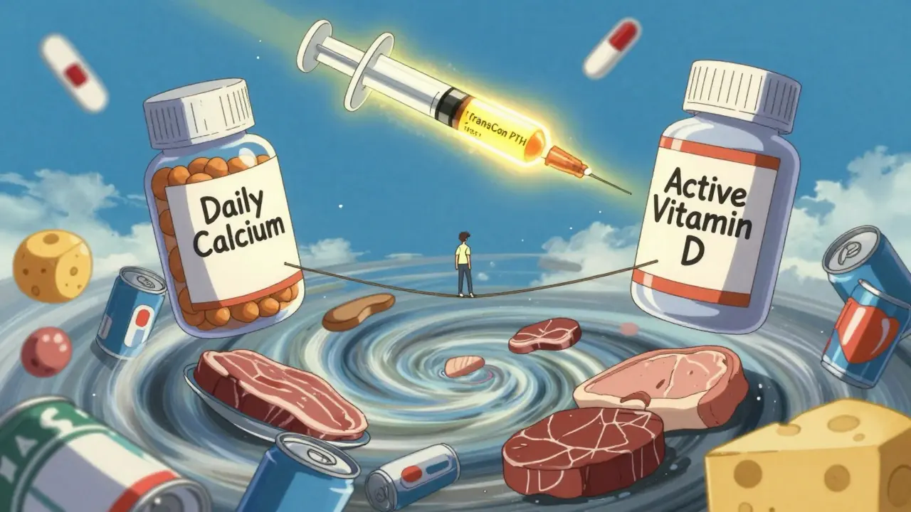 Figure walks a tightrope between pill dispensers as junk food swirls below, a glowing injection shines above.