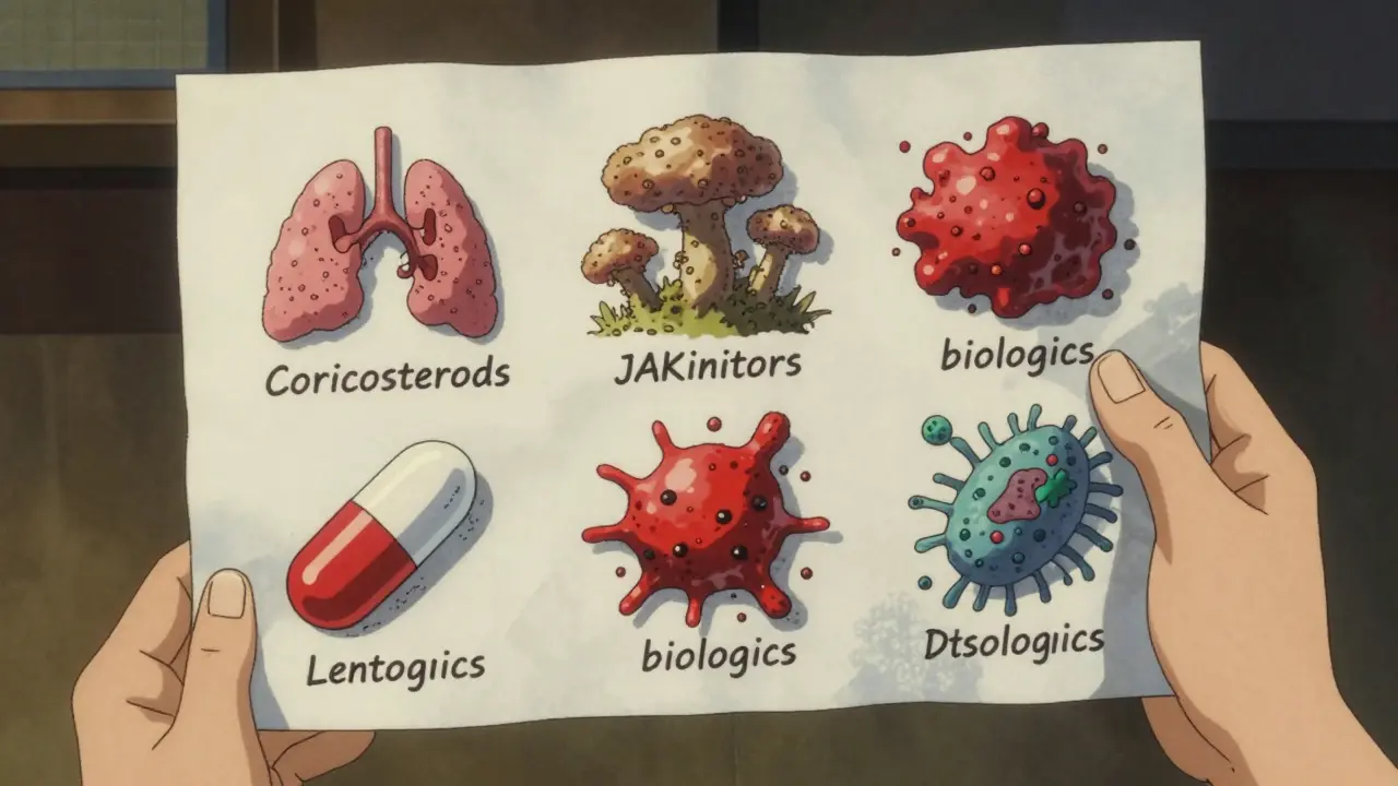 Floating medical chart with drug icons casting shadows as infections—pneumonia, fungi, clots—against muted tones with warning red accents.