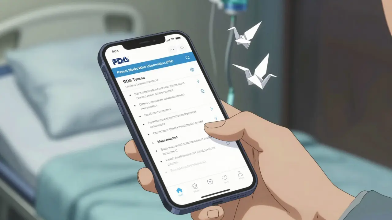 Hand scrolling through a digital FDA medication guide on a smartphone with floating icons.