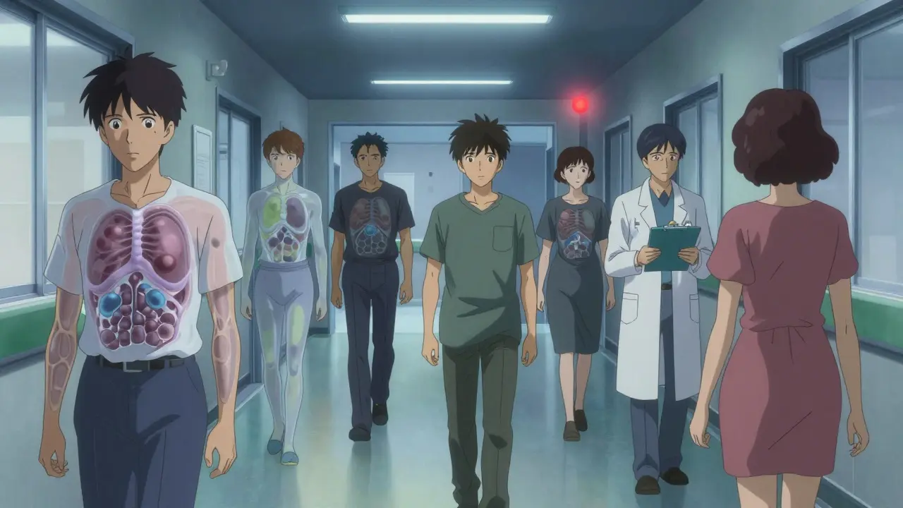 Hospital hallway at twilight where patients have transparent bodies revealing suppressed immune systems, lit by cold lights with a blinking red warning.