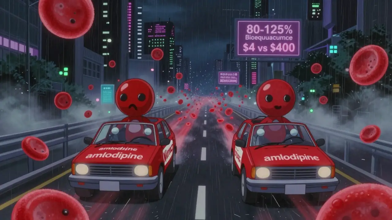 Neon bloodstream highway with two identical drug molecules traveling in separate vehicles, one branded, one plain.