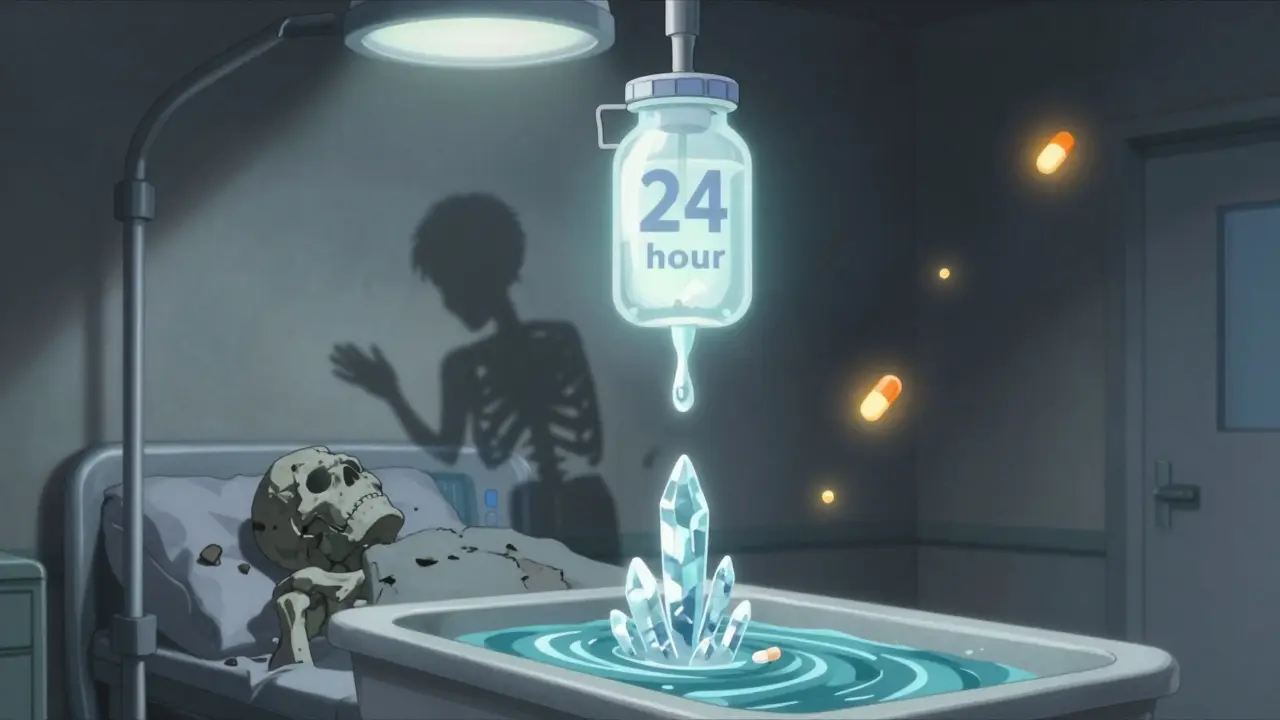 Patient's shadow becomes a crumbling skeleton while urine jug drips calcified crystals into a sink.