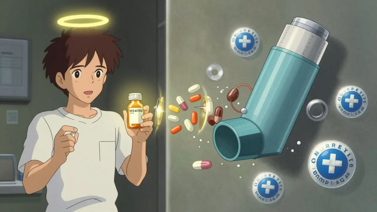 Patient holding brand pill with warm light, complex inhaler disassembling into guarded components.