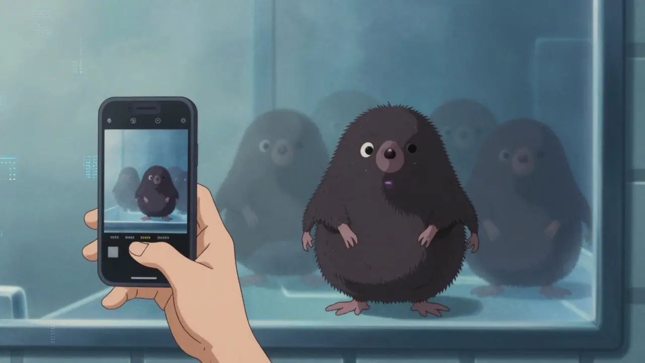 Person photographing a changing mole in a bathroom, ghost images fading beside it.