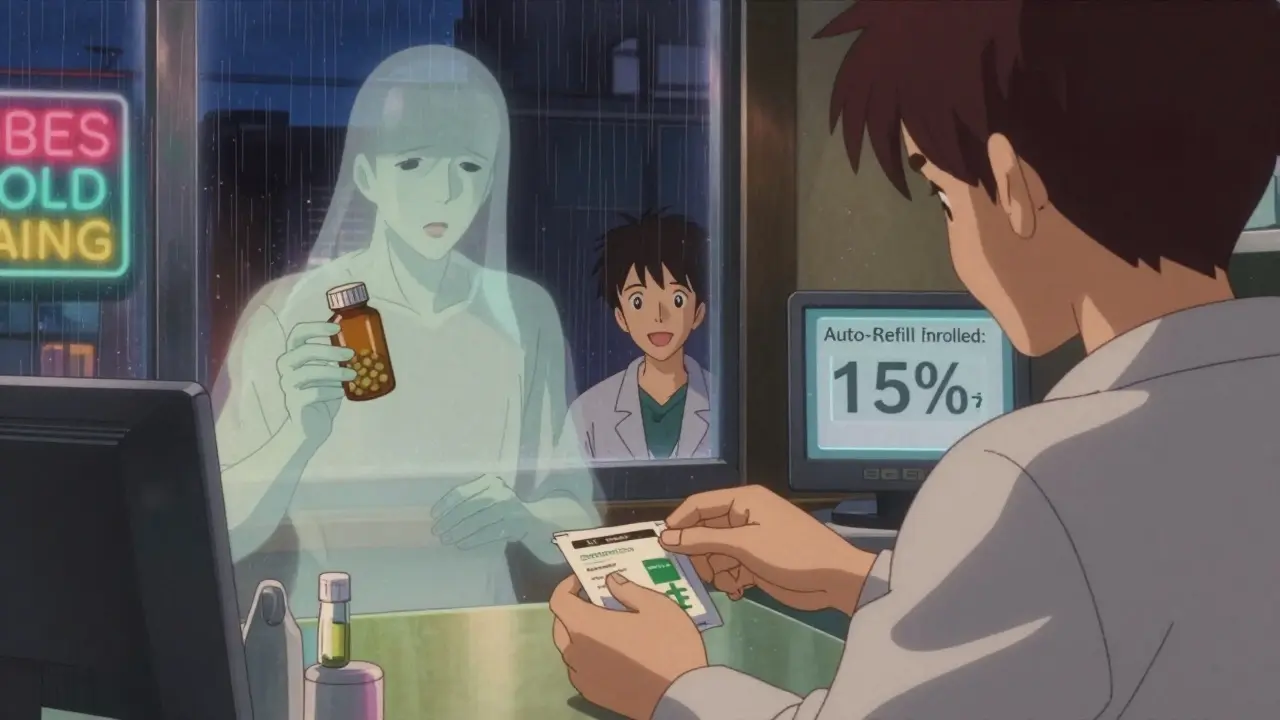 Person receiving a prescription at a pharmacy while a ghostly version of their anxious past self watches.
