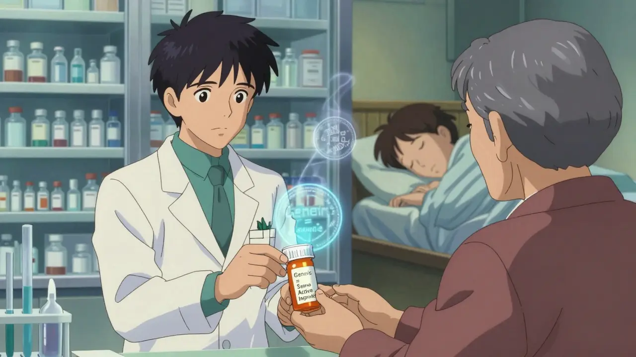 Pharmacist handing a generic prescription to an elderly patient, with dual visions of lab and home in background.