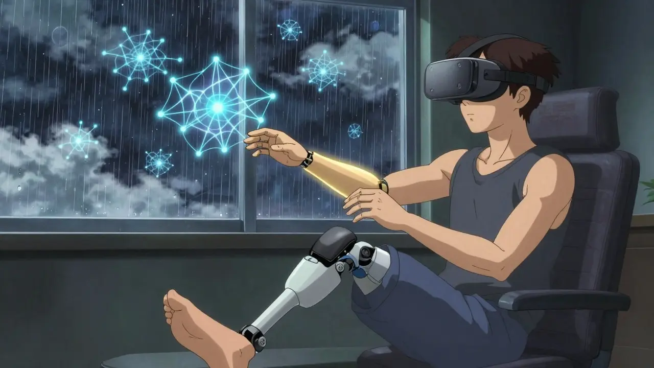 Someone wearing a VR headset, watching a digital phantom limb move smoothly in a serene virtual space.
