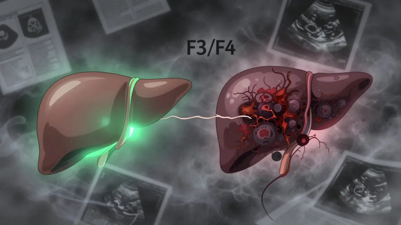 Split image of a healthy liver versus a scarred, cancerous liver connected by a fraying thread.