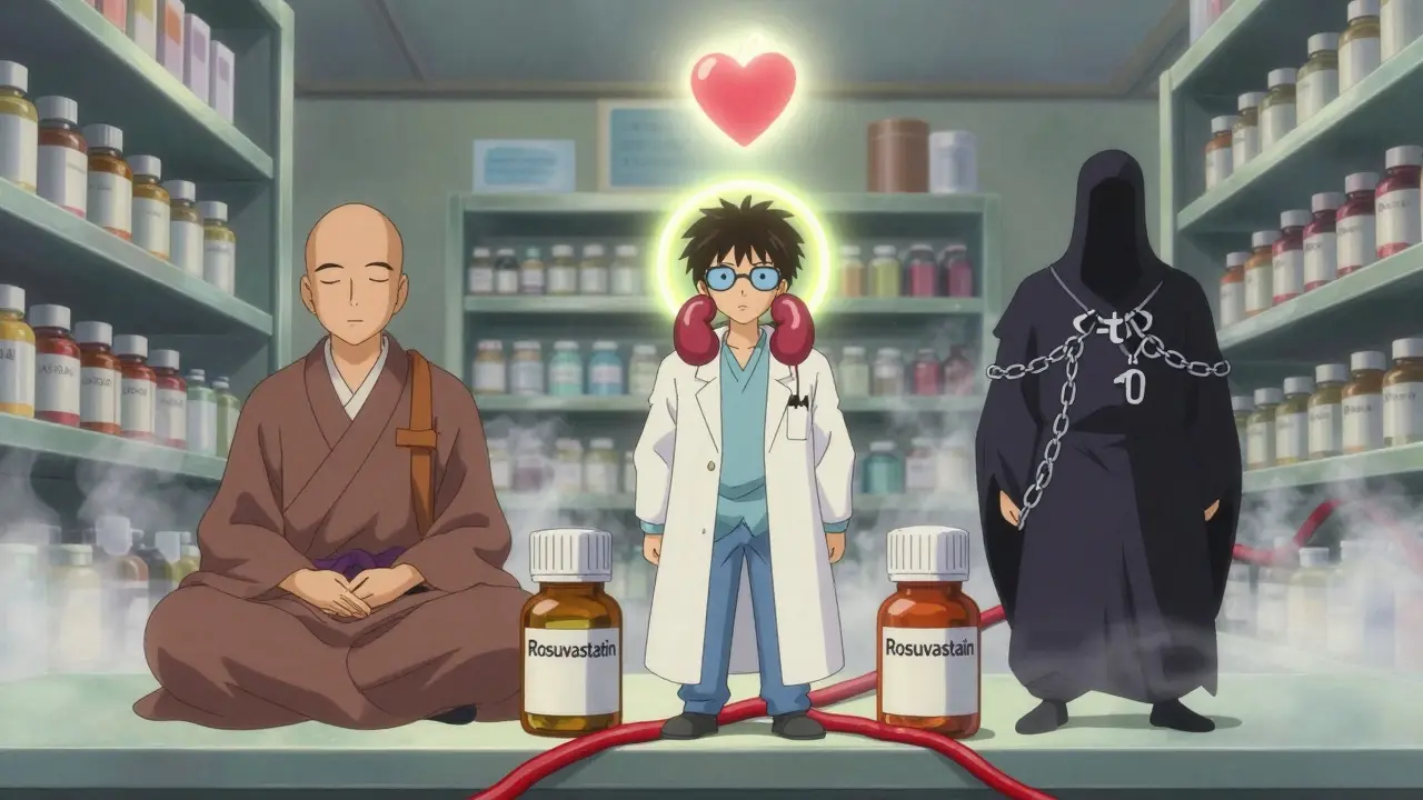 Statins personified as mystical figures on a shelf, each with symbolic attire representing their metabolism and effects.