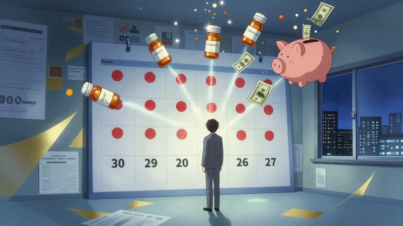 Wall calendar linked by glowing threads to floating pill bottles, one turning into a savings coupon.