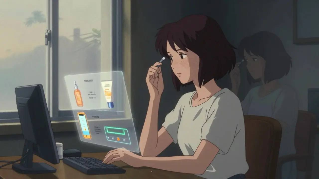 Woman at desk by window, melasma shadows on skin, floating reminders of skincare routine.