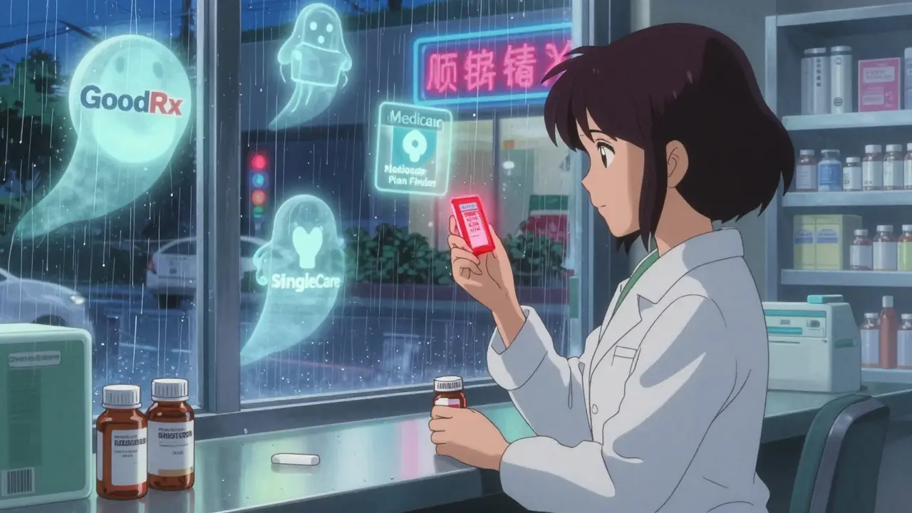 Woman at pharmacy counter shocked by drug price, digital discount apps glowing around her in the dim light.