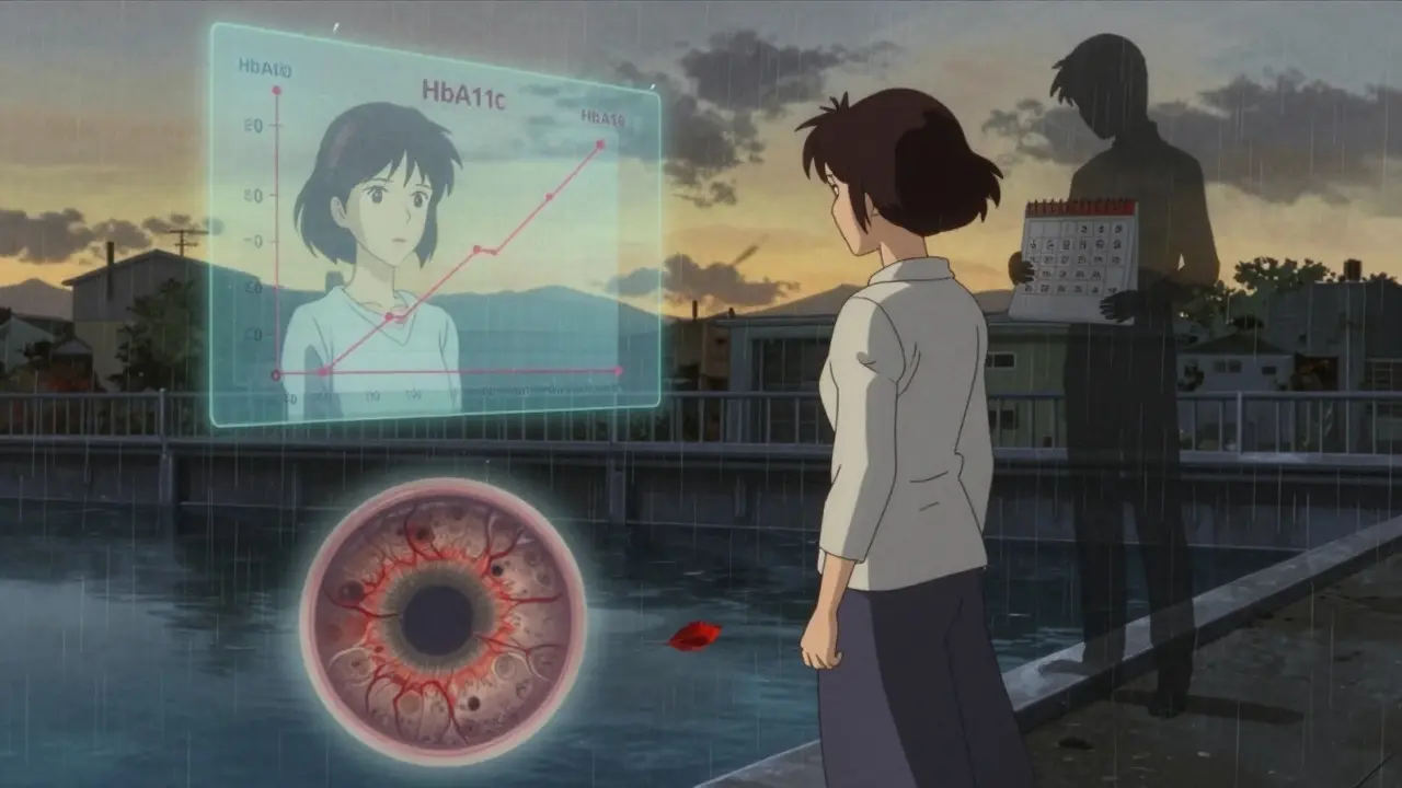 Woman sees her deteriorating retina in a water reflection, with rising HbA1c graphs and a missed screening leaf drifting away.