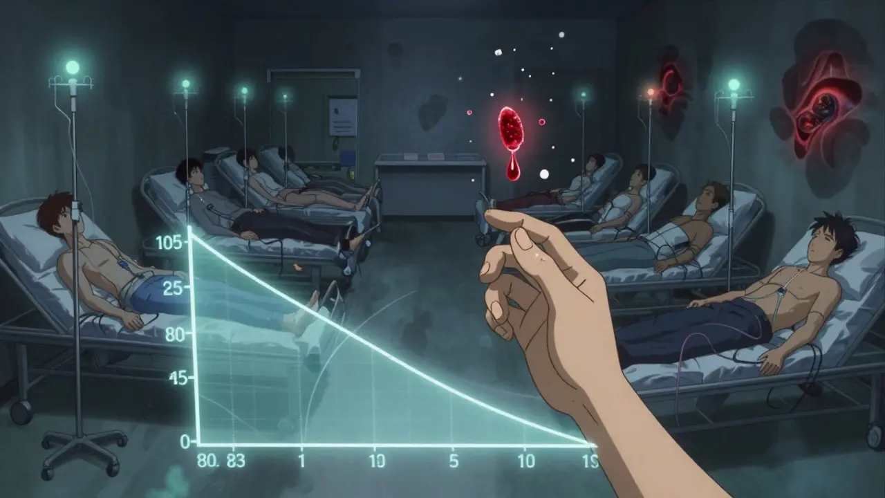 24 volunteers in a clinical trial, with a ghostly confidence interval hovering as microscopic excipient particles rise from one patient's blood.