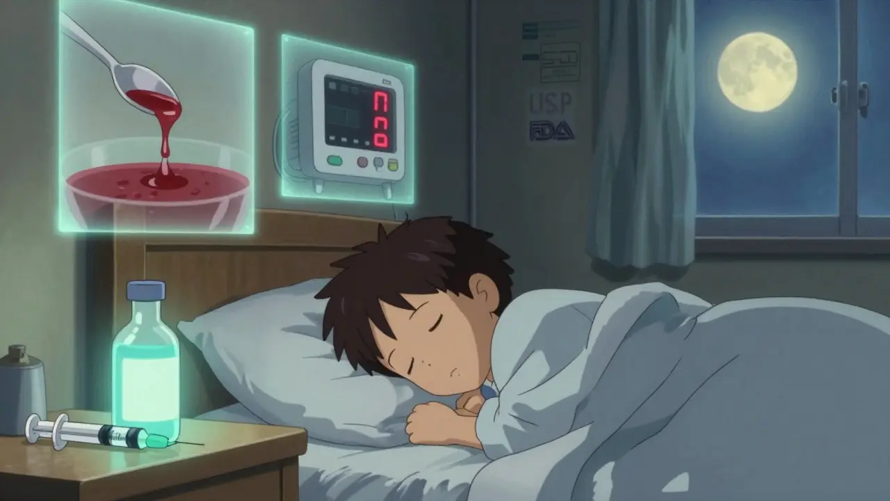 A child sleeps safely beside a correctly labeled syringe, while ghostly error scenarios fade above them.