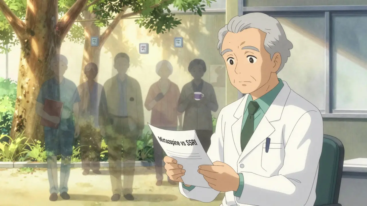 A doctor holds a treatment chart as peaceful elderly figures walk under sunlight, contrasting with shadowy patients suffering from drug risks.