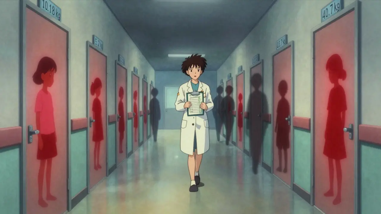 A long hospital corridor with doors labeled by children's weights, one pharmacist checking calculations.