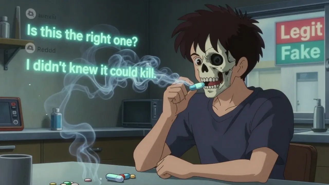 A man holds a counterfeit pill that splits open to reveal a fentanyl smoke vortex shaped like a skull, surrounded by digital text.