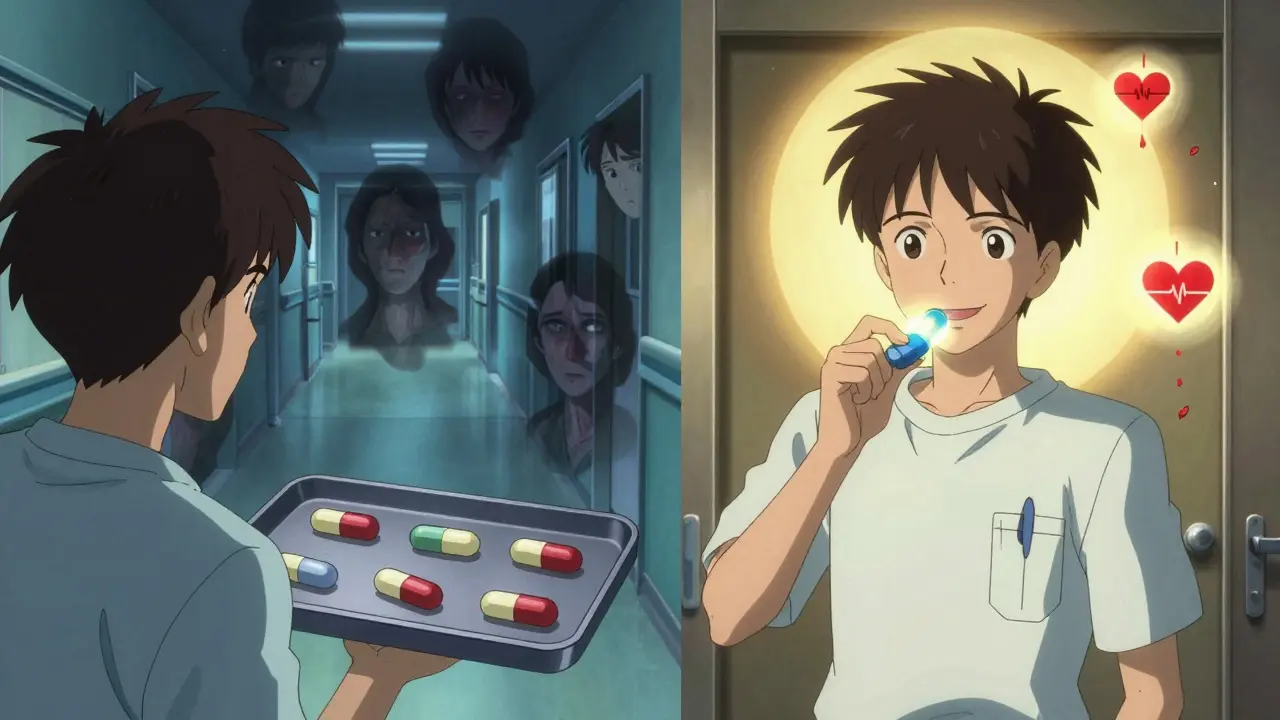 A patient faces chaotic separate pills on one side, and a single glowing polypill on the other, symbolizing simplified treatment.