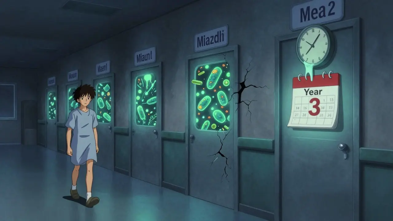 A patient walks through a time-themed hospital corridor as TB emerges behind a door marked 'Year 3'.