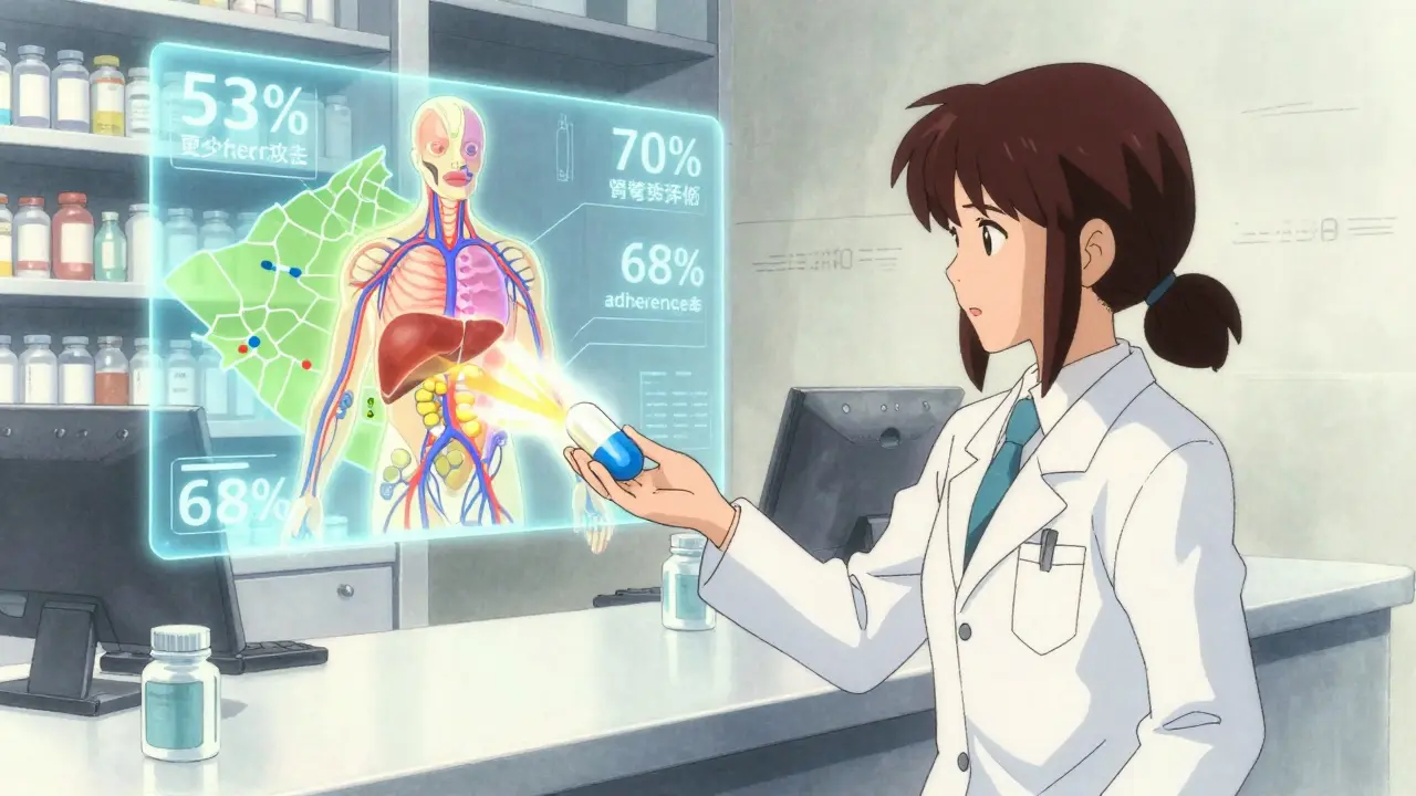 A pharmacist hands a woman a pill that transforms into a holographic body map with glowing health statistics.