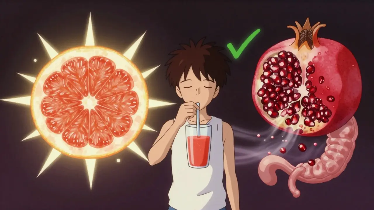 A surreal comparison: bursting grapefruit with dangerous spikes versus a peaceful pomegranate releasing harmless particles near a human figure.