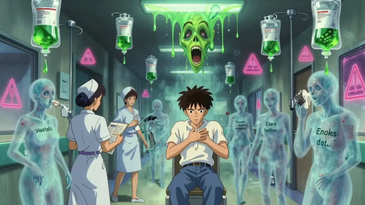 A surreal hospital hallway where IV drips turn into screaming faces and floating prescription charts disintegrate into ash.