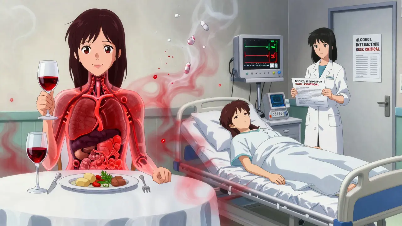 A woman in a split scene: one side enjoying wine with transparent glowing organs, the other collapsed in hospital, pharmacist holding warning alert.