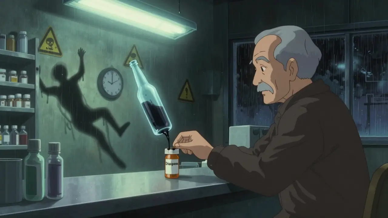An elderly man at a pharmacy counter, a ghostly beer bottle dripping into his prescription bottle under flickering light.