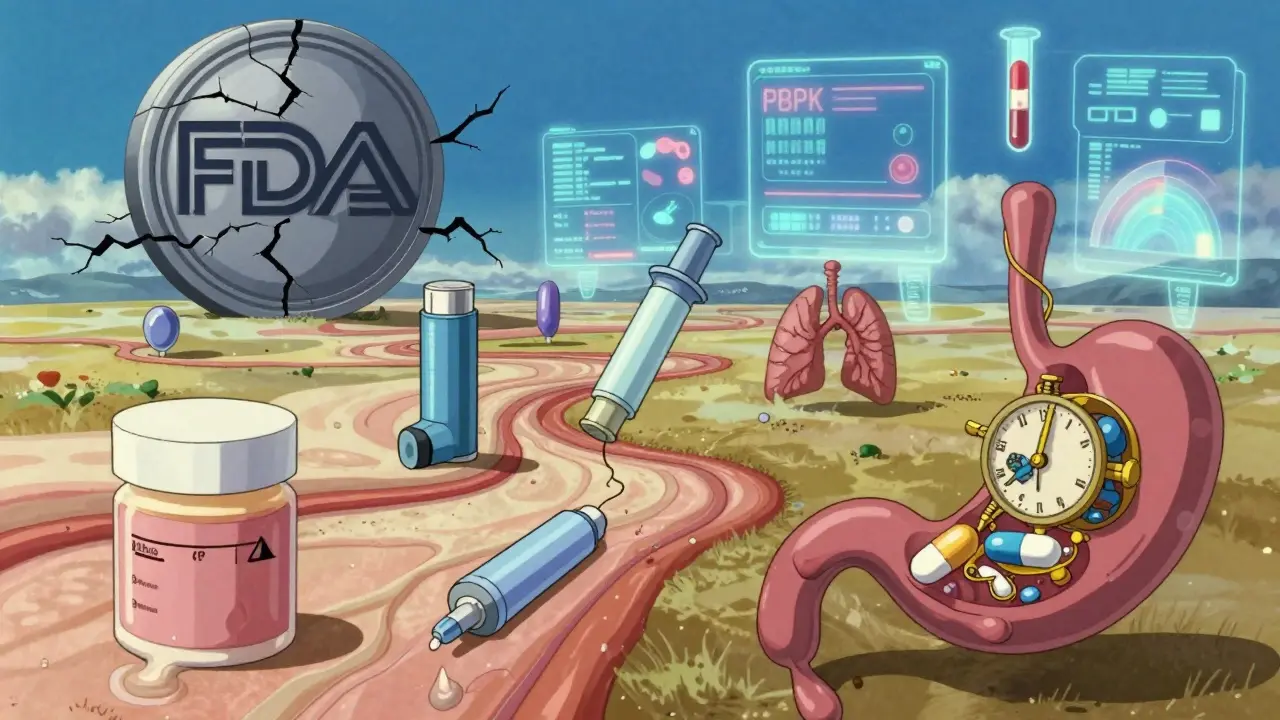 Floating drug formulations dissolving into tissue pathways—cream into skin, inhaler into lungs—while digital models replace blood tests.