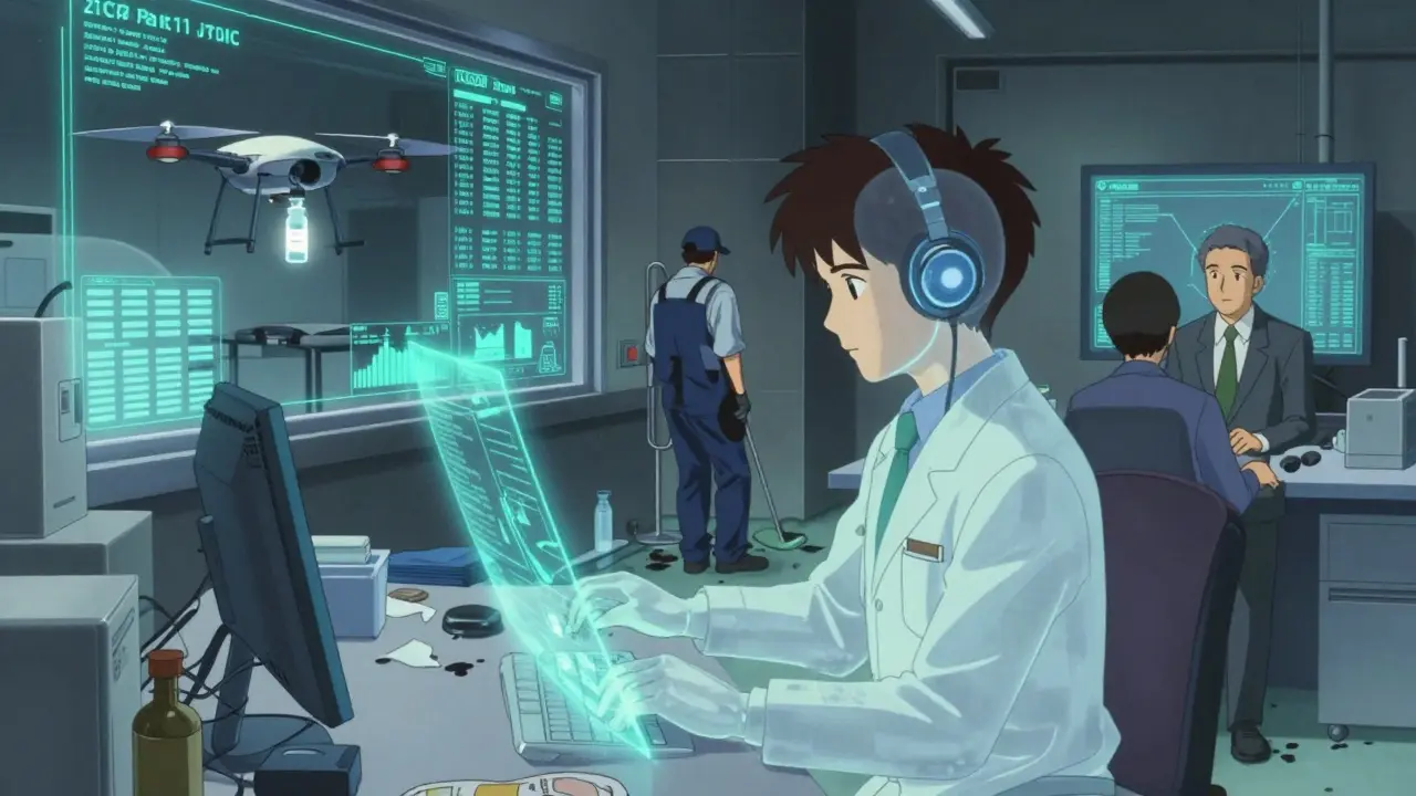 Remote FDA auditor reviewing holographic records in a foreign lab, janitor cleaning floor as AI scans documents in real-time.