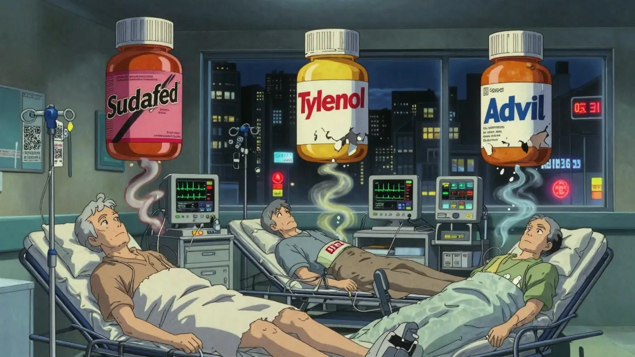 Three elderly patients in an ER with floating OTC pill bottles releasing dangerous shadows above them.