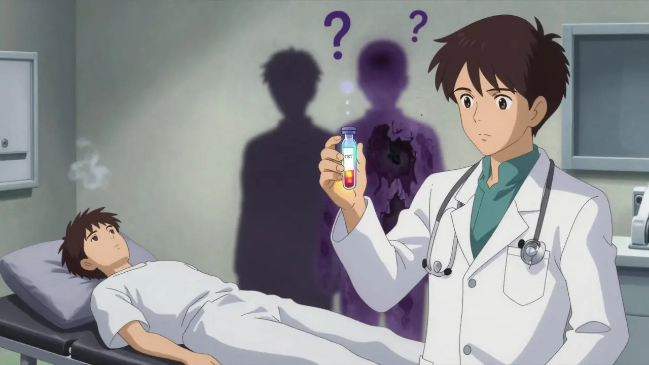 Two diagnostic tests glowing beside a patient whose shadow reveals hidden TB infection.