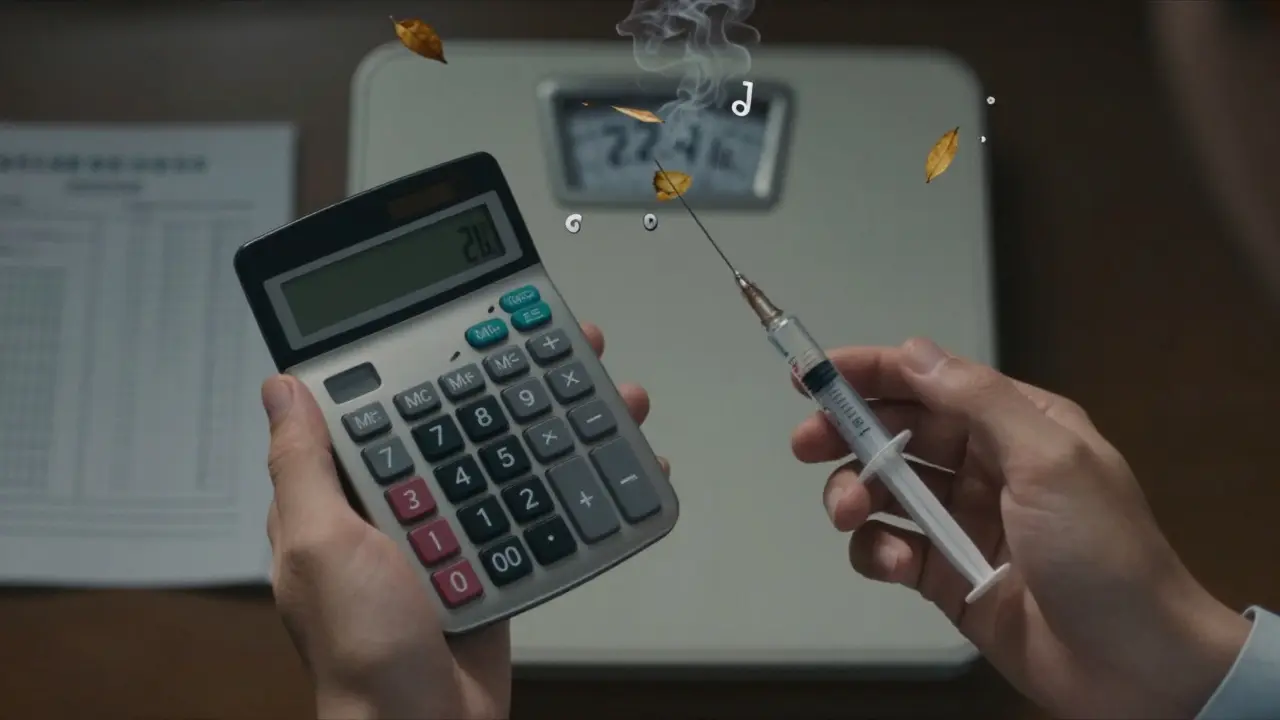 Two hands preparing a pediatric dose, surrounded by swirling mathematical symbols and decimal points.